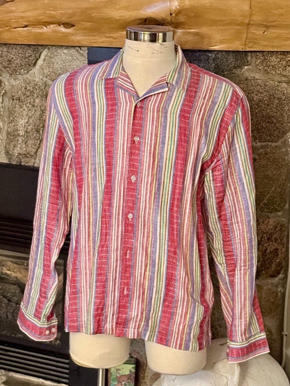 Stitch Note European Linen Men's XL Striped Long Sleeve Button-Up Shirt | Resort